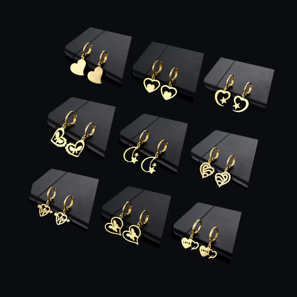 Fashion Jewelry Simple Women Accessories Non Tarnish Stainless Steel 18K Gold Plated Heart-shaped Dangle Hoop Earrings for Women