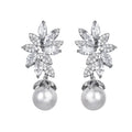 New Design Vintage Flower Charm Cubic Zircon Hoop Pearl Pendant Bridal Earrings Silver Plated Jewelry Wedding Engagement Party