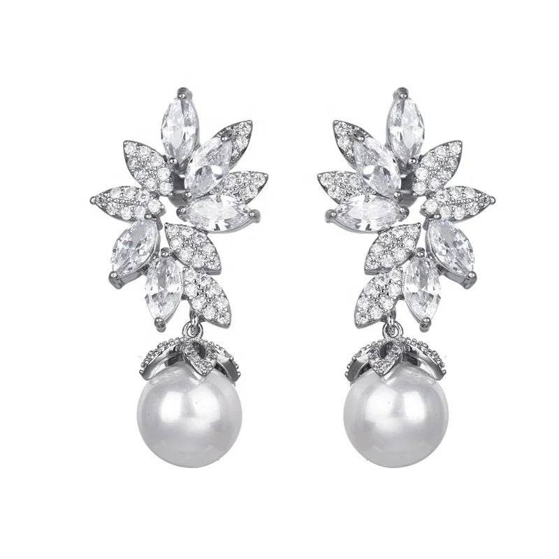 New Design Vintage Flower Charm Cubic Zircon Hoop Pearl Pendant Bridal Earrings Silver Plated Jewelry Wedding Engagement Party