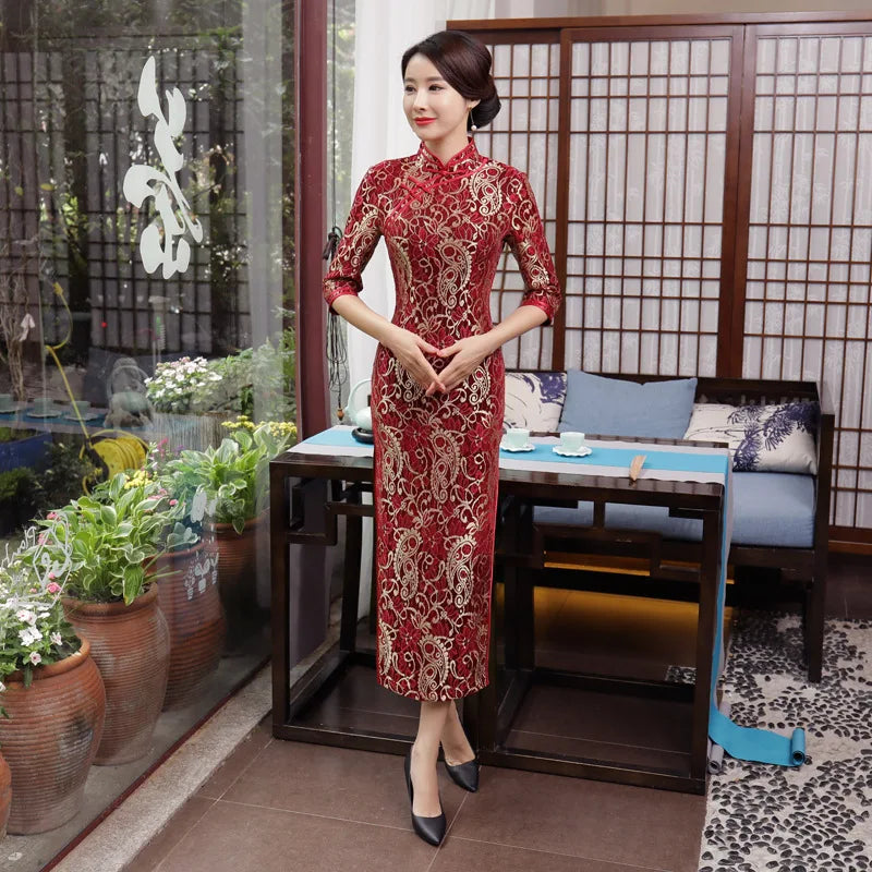 2024 Autumn /winter New Lace Long Cheongsam Women