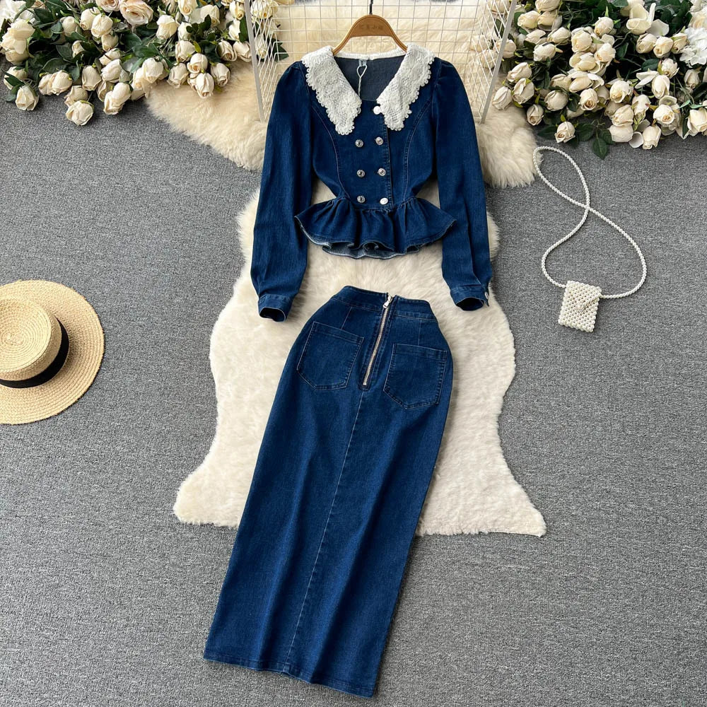 Women's Sets Spring Coat Denim Vintage Skirt Set Ropa Wholesale