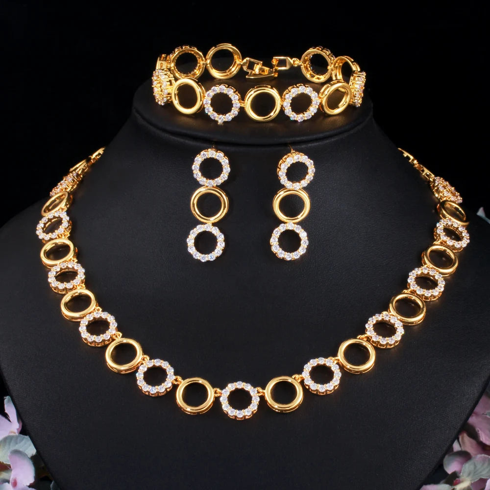 2022 Engagement 3 Piece Jewelry Sets Gold Plated Cubic Zirconia Stone Circle Round Necklace Bracelet and Earrings for Women Prom