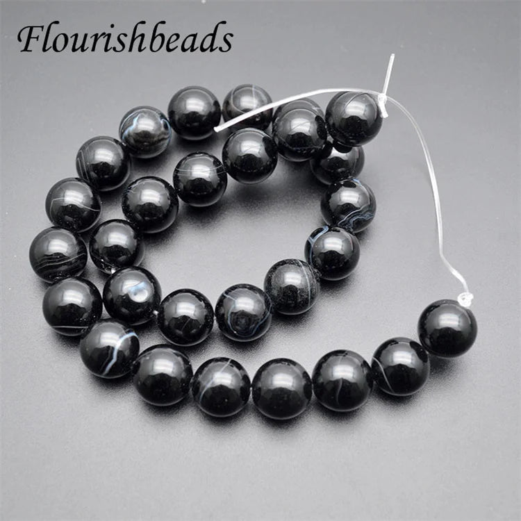 Natural Gemstone 14mm Black Banded Agate Round Stone Beads for Jewelry Making