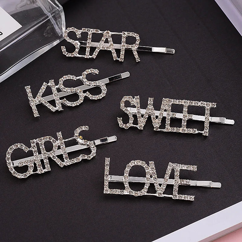 Custom Letters Hair Clips Gold Black Word Bling Crystal Letters Rhinestone Hair Pins for Girls