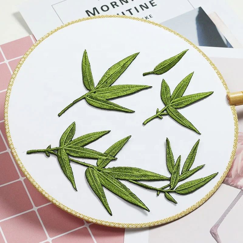Fashion Bamboo Leaves Style Hot-fix Embroidery Lace Applique LT2670A