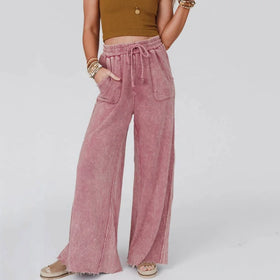 Pink Denim Streetwear Customized Drawstring Stone Washed Wide Leg Ruffles High Waist Sweatpants Trouser for Women