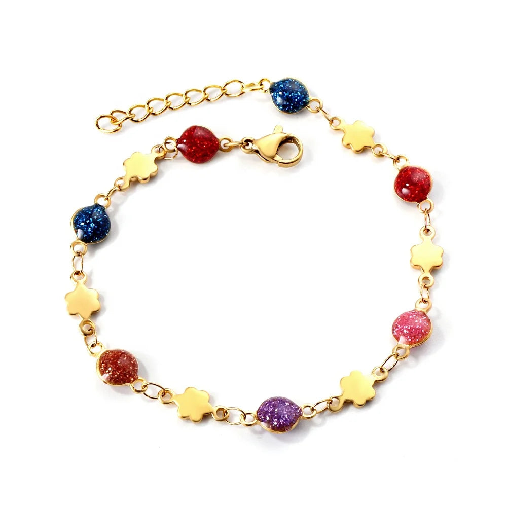Summer New Irregular Multi-Color Glitter Drip Oil Bracelet Waterproof Stainless Steel Peach Flower Fashion Charm Bracelet
