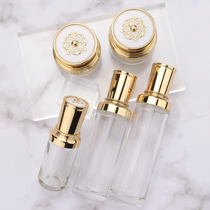 Hot New Transparent Gold 100ml 30G 50G Round Customizable Emulsion Eye Face Cream Deluxe Glass Cosmetic Jar Perfume Bottle