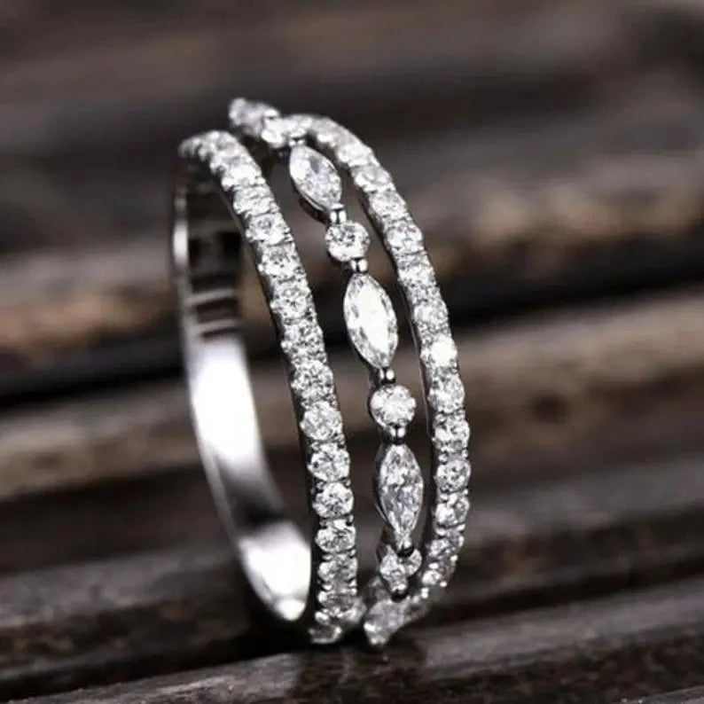Huitan Eternity Wedding Silver Plated Ring White CZ Rings Three Layer Stackable Silver Dainty Rings