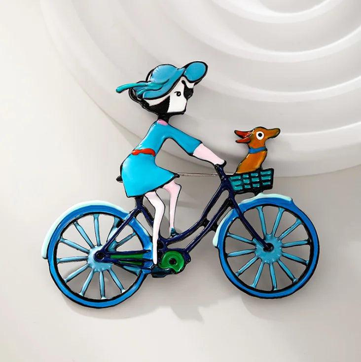 Cartoon Bike Girl Brooch Pin Summer Cute Pins Fashion Ladies Party Office Accessories Classic Bag Badges Pendant Buckle