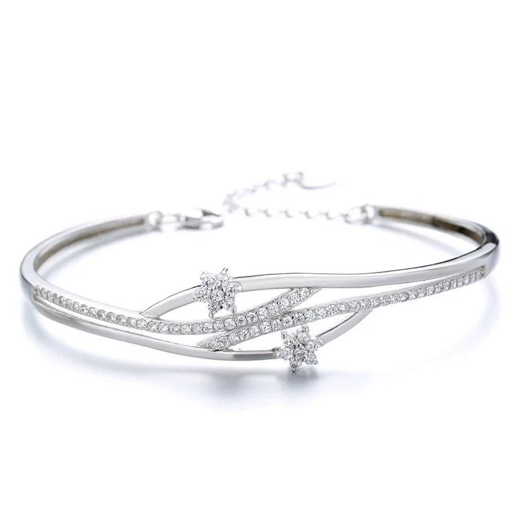 925 Sterling Silver High Quality Adjustable Bangle Hand Made Flower Bracelet Romantic Silver Jewelry for Women