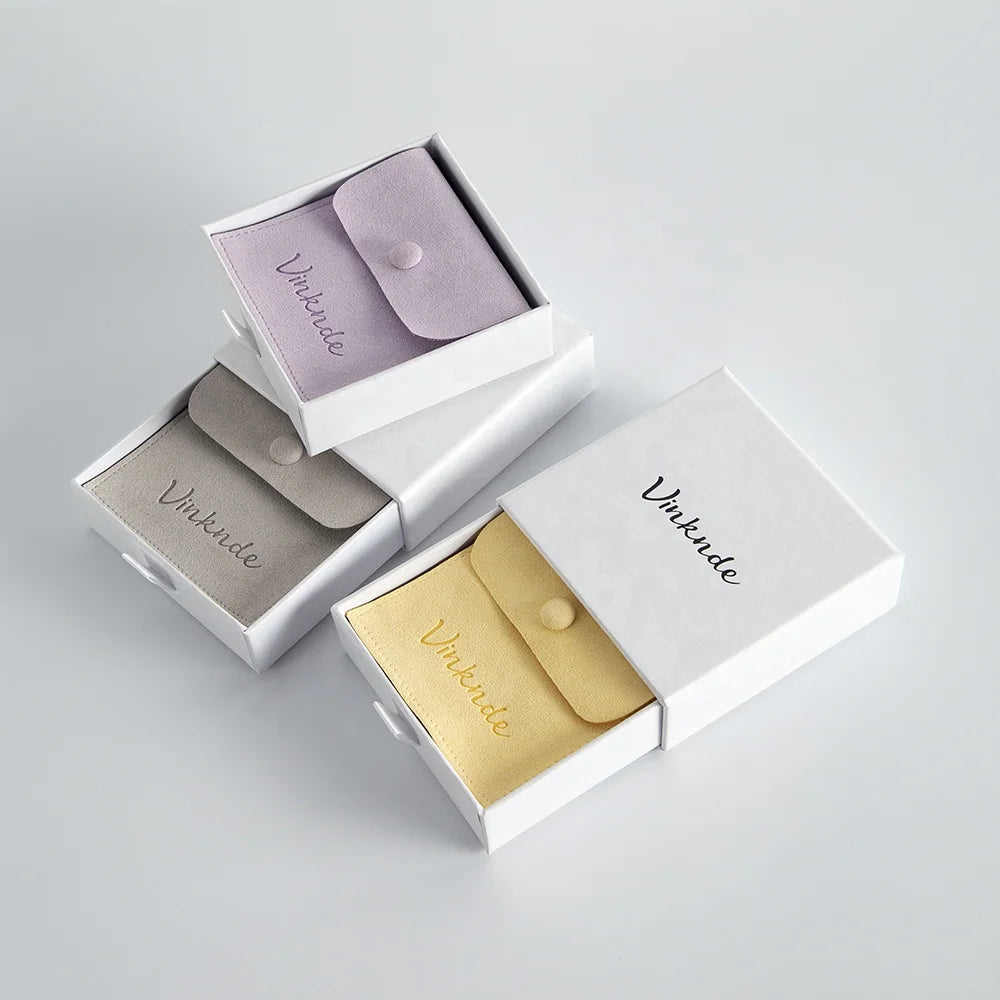 Custom White Small Paper Cardboard Ring Drawer Packaging Microfiber Pouch with Logo Printed Button Set for Jewelry Boxes