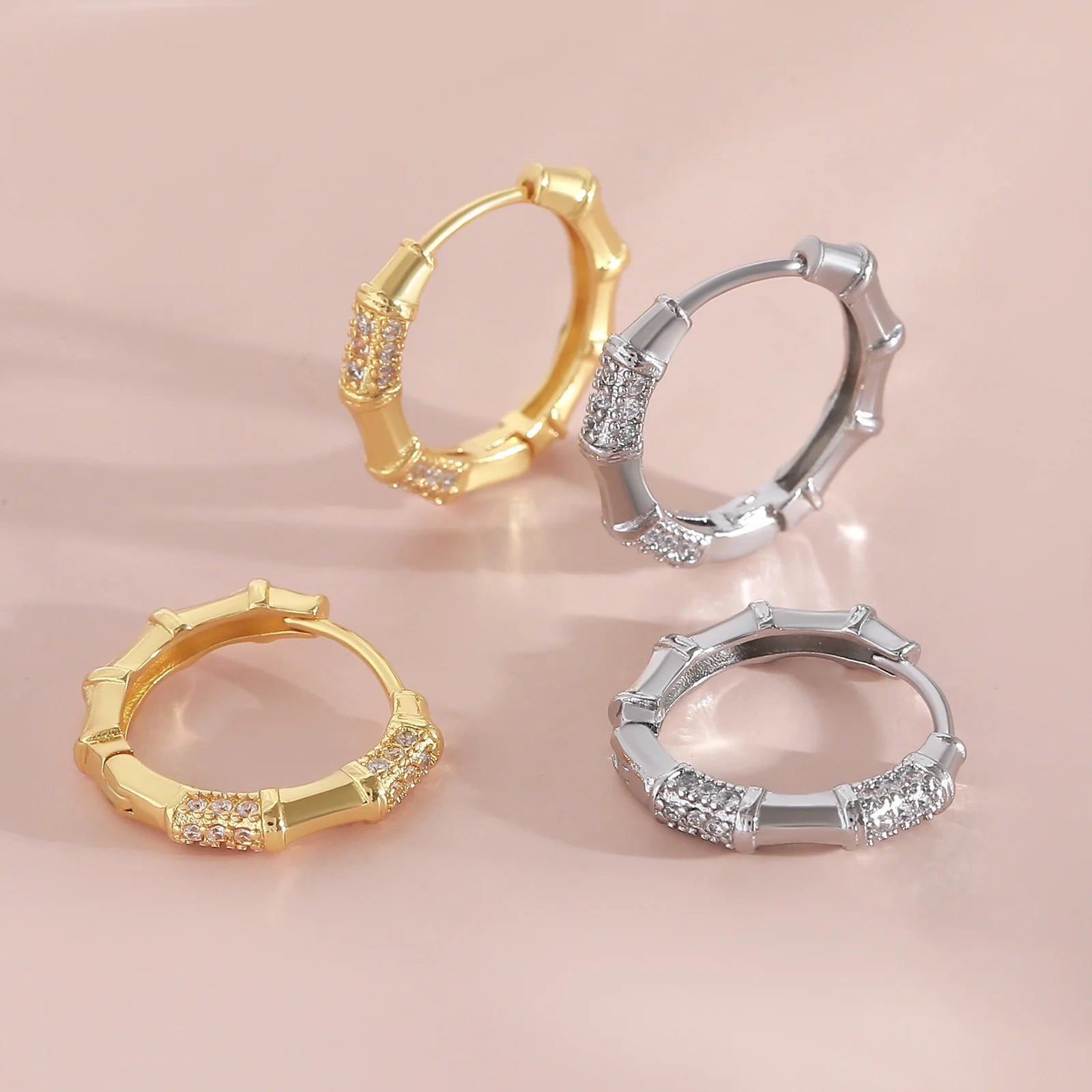 Meetyoo New Arrival Women Hoop Earring Brass 18K Gold Plated Waterproof Zircon Bamboo Design Women White Zircon Trendy Earring