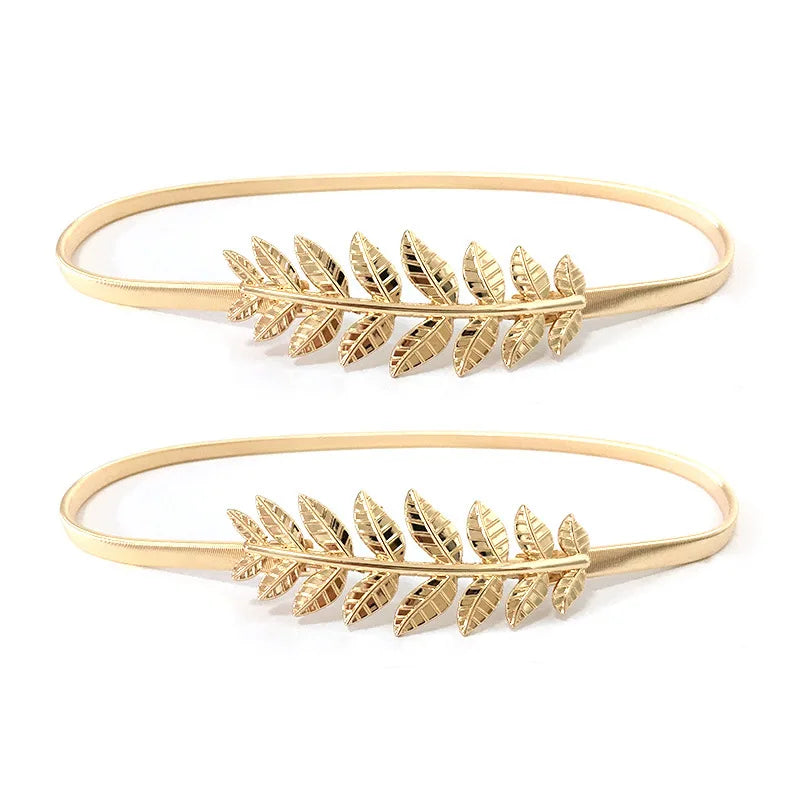 Women's Stylish Metal Leaf Stretchy Elastic Belts Dress Belt Waist Metal Chain Belt