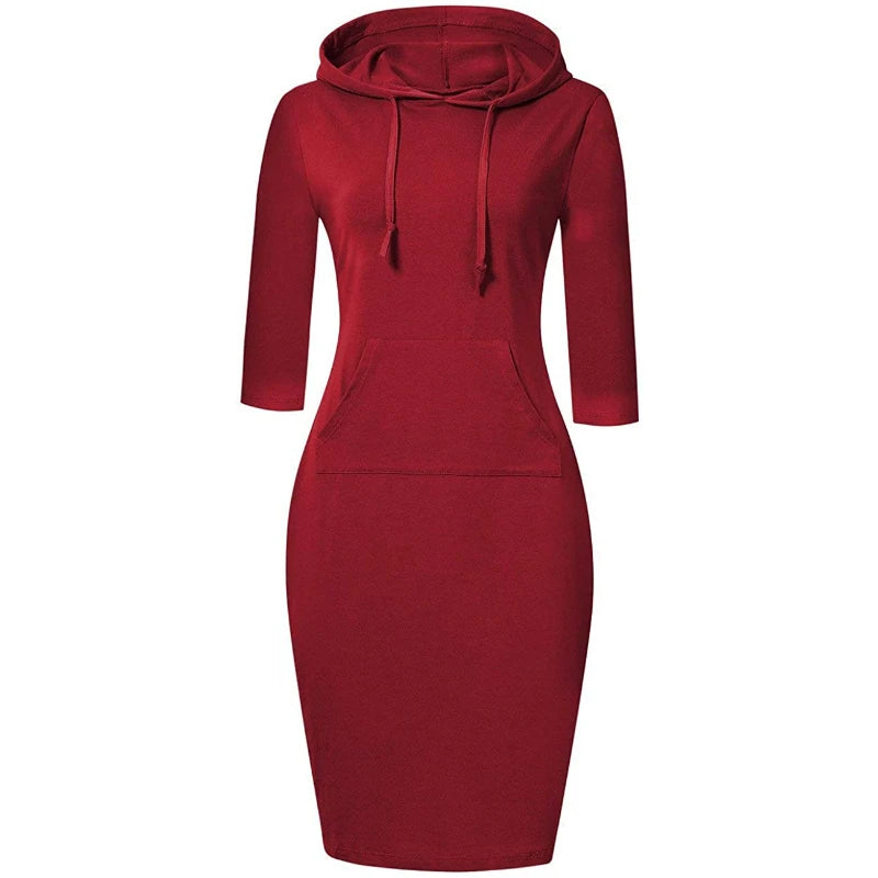 Fitspi Women Stripe Pocket Knee Length Slim Casual Pullover Hoodie Dress