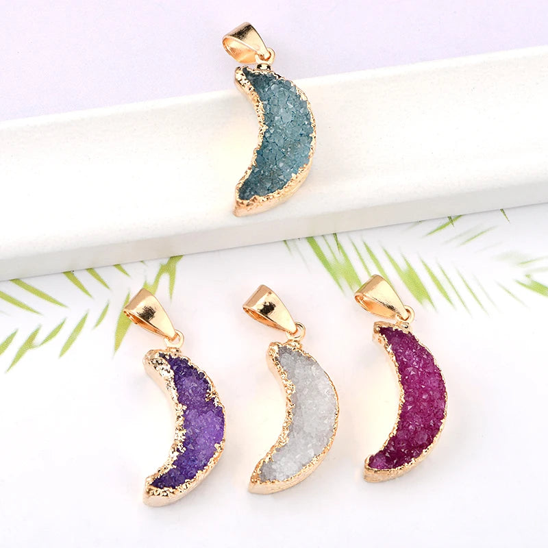 Natural Colorful Mini Gold Color Rim Druzy Moon Colorful Pendants Necklaces for Women