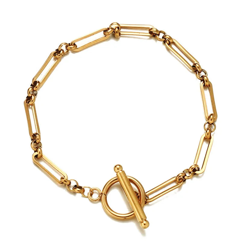 New Gold Paperclip Chain Bracelet OT Toggle Gold Plated Stainless Steel Oval Link Chain Bracelet for Women Man