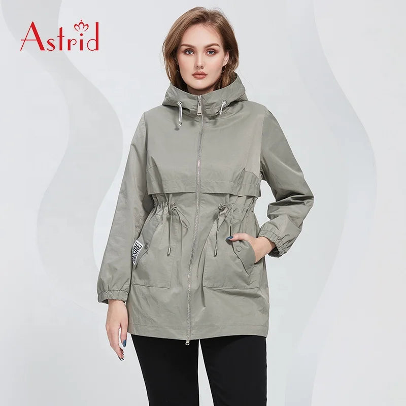 Wholesale Spring Jacket Warm Zipper Green Trench Coat Windproof Short With Hooded Draw String Waist Windbreaker Outwear
