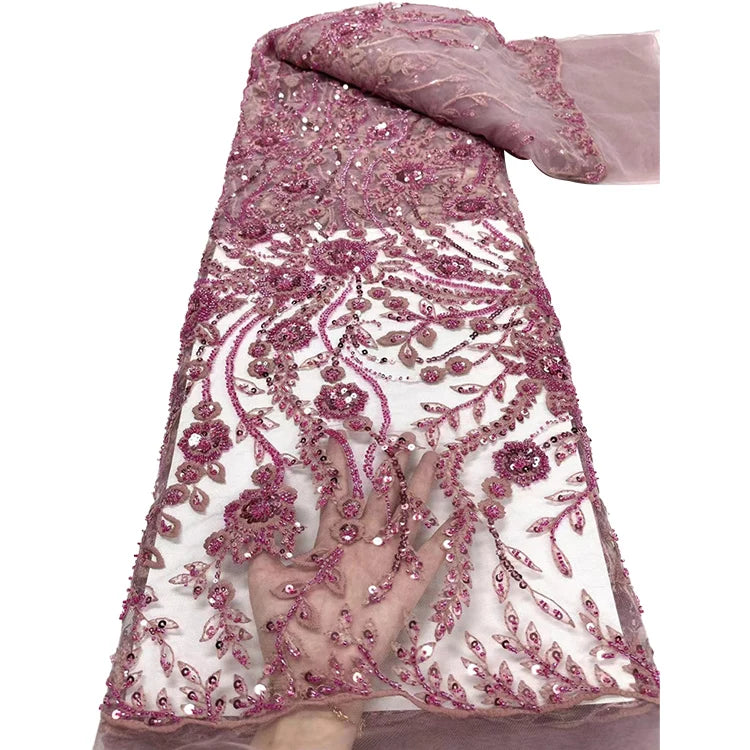 Blush Color Beaded Sequined Evening Dress Bridal Lace Fabric French Flower Beads Embroidery Lace Fabric