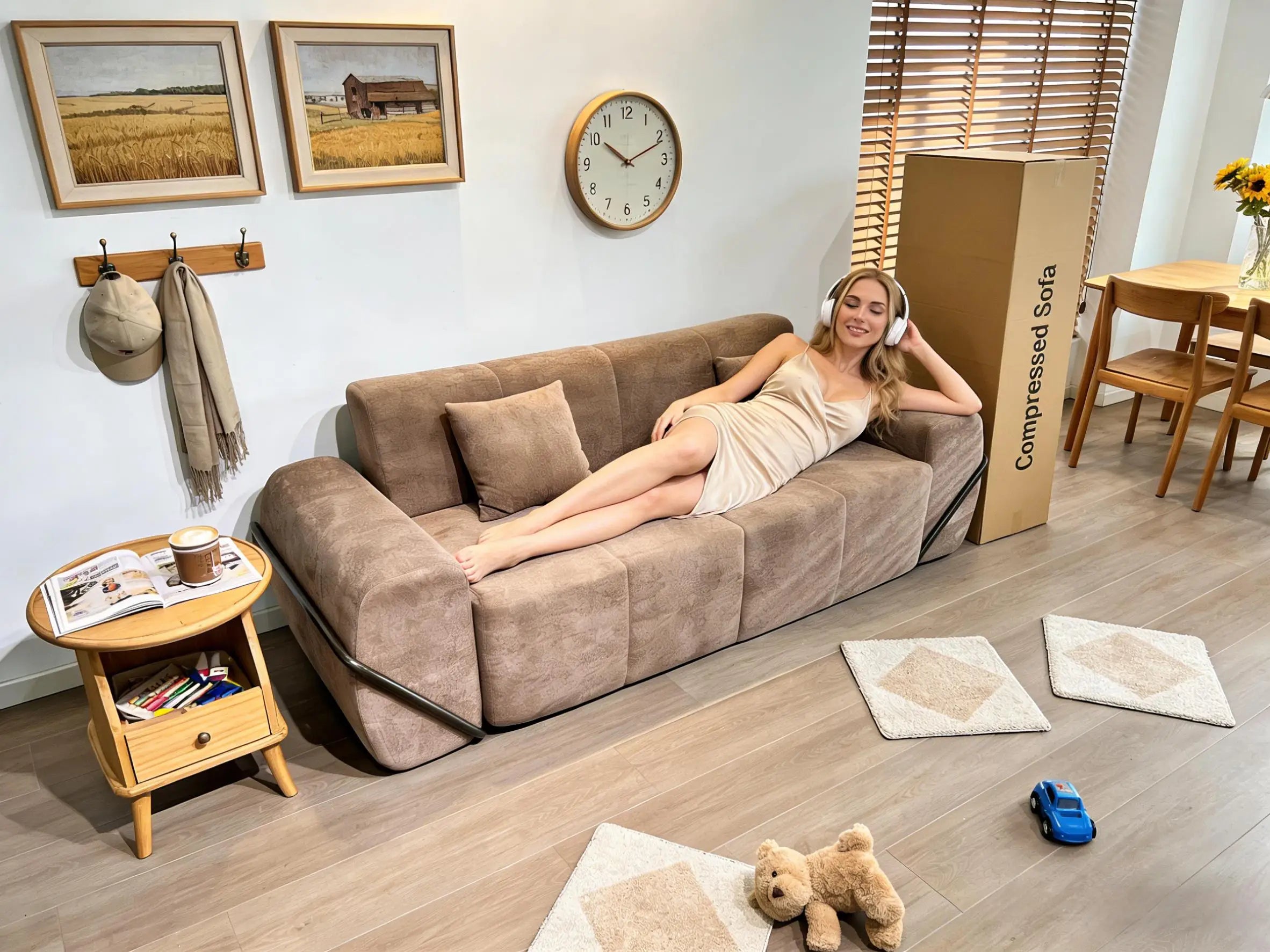 Light Brown Velour Compressed Sofa Vacuum Sealed Modular Segmented Cushion Black Curved Metal Frame Leisure Small Space Couch