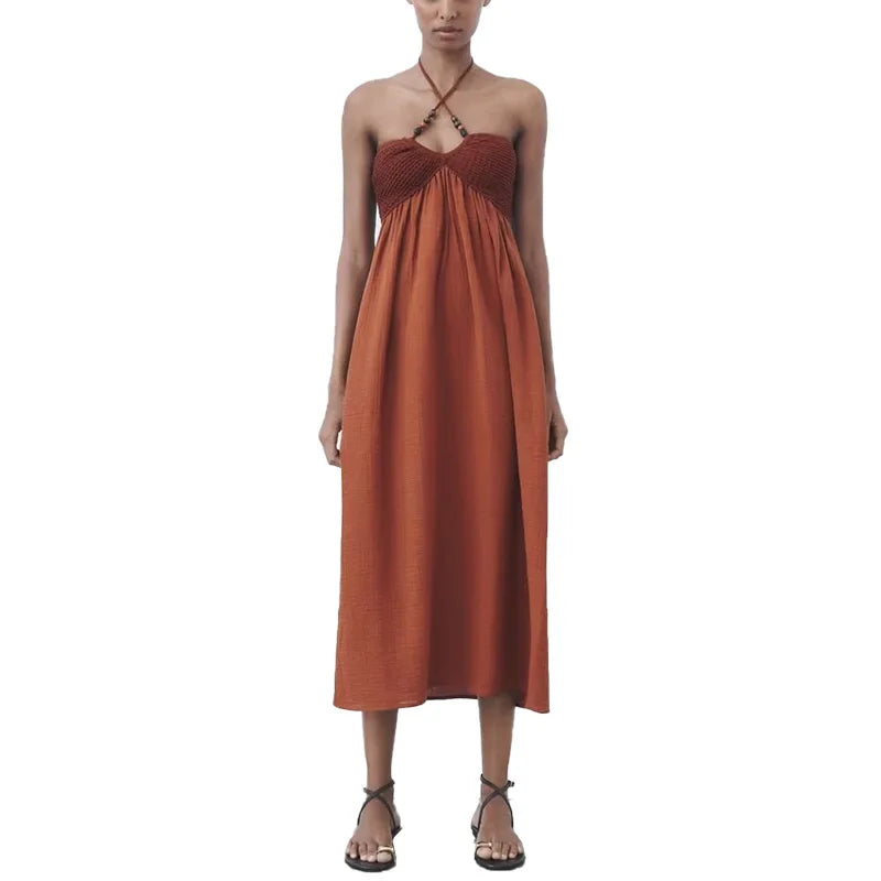 Custom Women's Casual Dress with Hanging Neck Wrap Chest Long Skirt Patchwork Knitted Style for Holidays Digital Printing