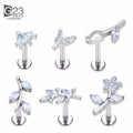 F136 Titanium Ear Piercing Flower Leaf CZ Paved Top Labret Studs Ear Cartilage Flower Pattern Earrings Lip Stud Piercing Jewelry