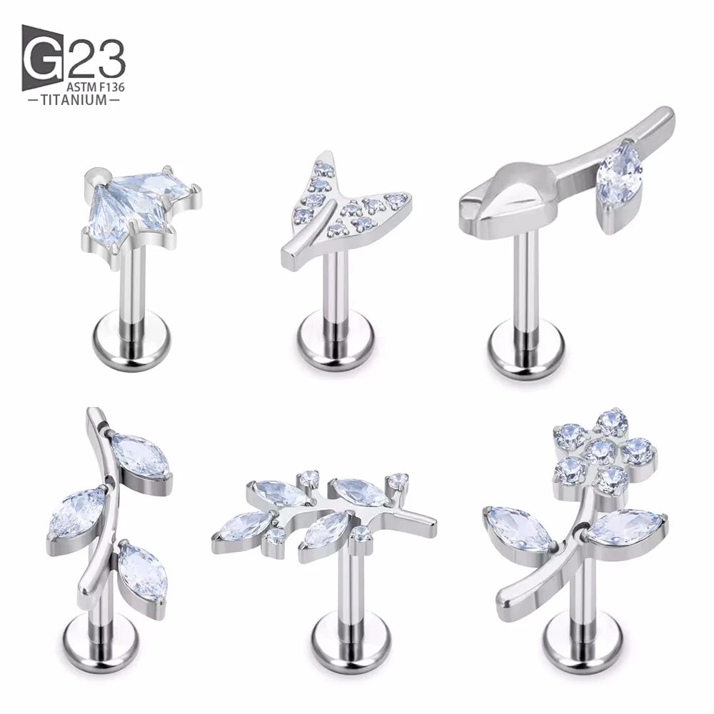 F136 Titanium Ear Piercing Flower Leaf CZ Paved Top Labret Studs Ear Cartilage Flower Pattern Earrings Lip Stud Piercing Jewelry