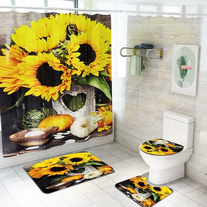 4Pcs Sunflowers Shower Curtain Sets  Durable Waterproof Bath Curtain Yellow Flower Shower Curtains for Bathroom