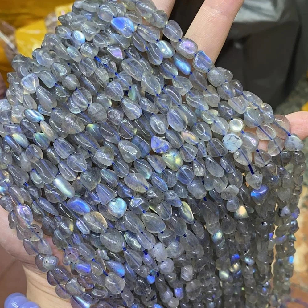 6-8mm Natural AA Gray Labradorite Gravel Pebble Healing Gemstone Beads Gray Labradorite Irregular Shape Beads 15"