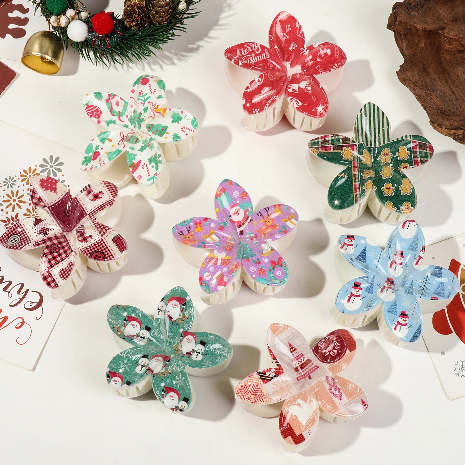 New Christmas ABS Material Hair Claw Clips 8 CM Flower Lovely Printing Claw Clips for Holiday Accessory