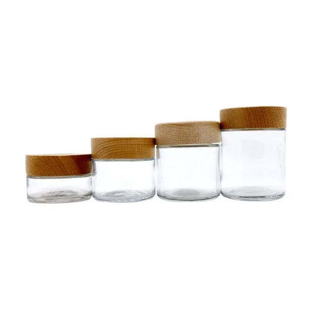 1oz-4oz Clear Recyclable Smell-Proof and Child-proof Round Glass Jars Empty Flower Concentrate Containers With Bamboo Cap