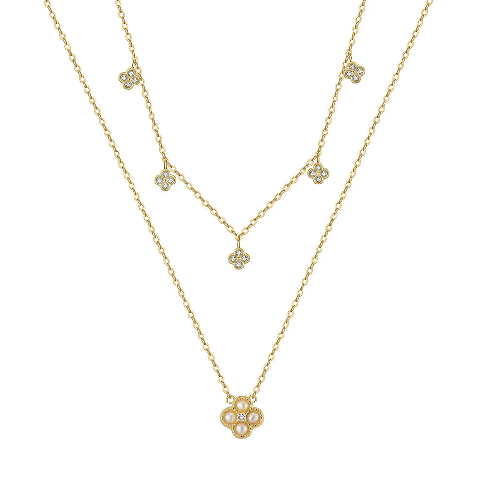 Four Leaf Clover Natural Freshwater Pearl Jewelry for Women 925 Silver Double-layer Chain Necklace Earring and Ring Jewelry Set