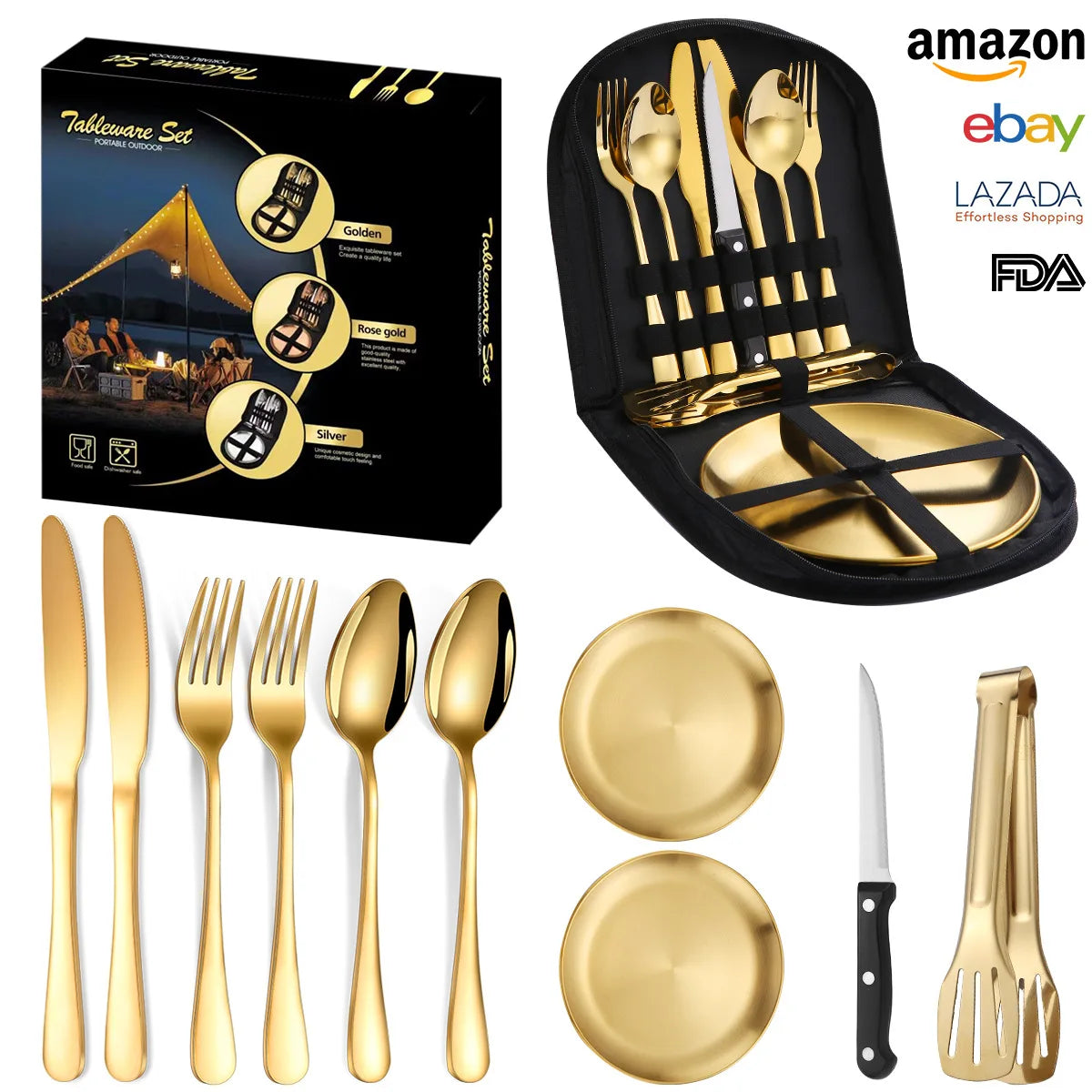XHL SUB Reusable Portable Outdoor Cutlery Set Metal Flatware Steak Knife Fork Spoon Dinnerware for Camping Picnic