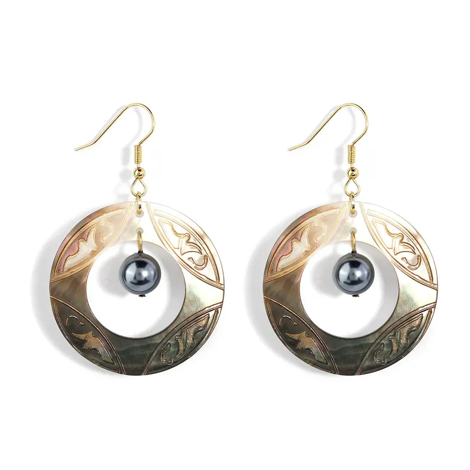 Hawaiian New Gold Plated Mother of Pearl Earrings Hot Sale Natural Shell Black Pearl Samoan Earrings Wholesale