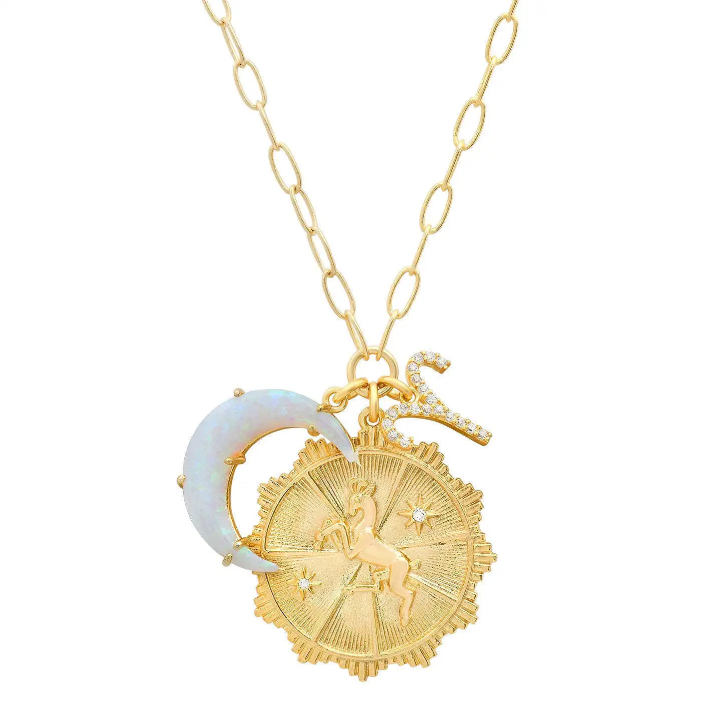 Trendy Micro Zircon 12 Zodiac Rune Moon Opal Pendant on Link Chain Necklace Brass Collar Chain
