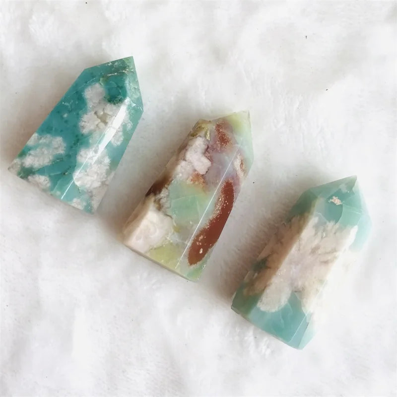 Selling Rare Natural Cherry Blossom Agate Crystal Tower Green Flower Agate Point For Ornament