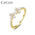 CZCITY 5A Cz Silver Zircon Cubic Zirconia Adjustable Woman 925 Sterling Cute Girl Imitation Pearl Korean Flower Ring