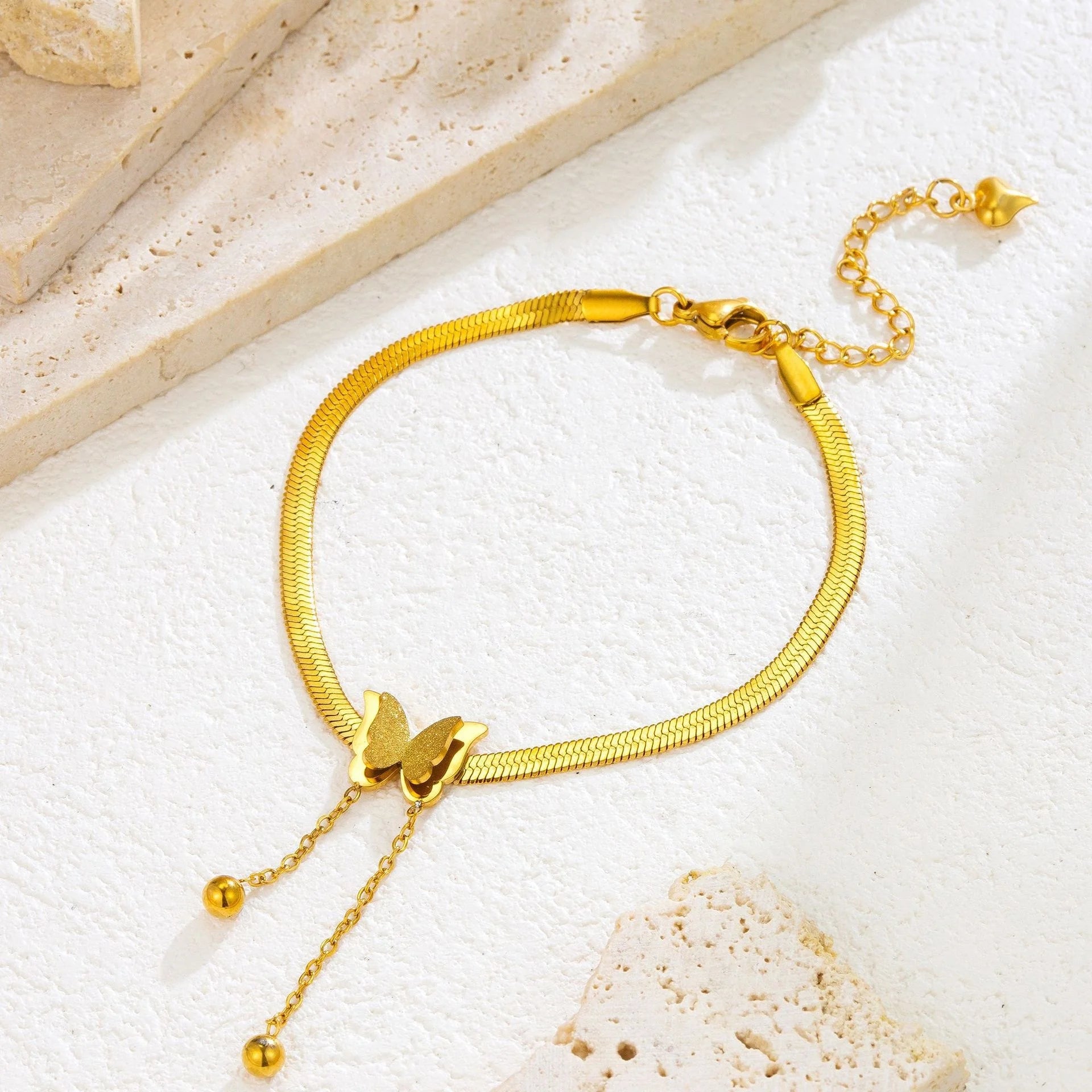 Ouj Simple Snake Chain Gold or Rose Gold Plated Stainless Steel Butterfly Charm Bracelet Trendy for Women's Anniversary