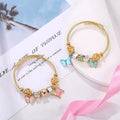 Luxury 18K Gold Plated Stainless Steel Open Cuff Bangle Charm Pink Blue Enamel Butterfly Pendant Bracelet Jewelry for Women