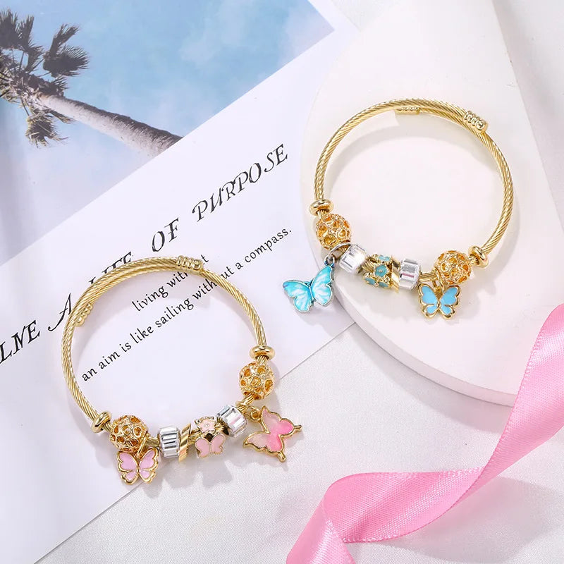 Luxury 18K Gold Plated Stainless Steel Open Cuff Bangle Charm Pink Blue Enamel Butterfly Pendant Bracelet Jewelry for Women