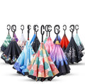 Wholesale Custom Logo Printed Double Fabric Windproof Umbrellas C Shape Handle Upside Down Inverted Reverse Rain Umbrella