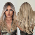Black Hair Root Gold Layered Wig Straight Hair Wig with Bangs Women's Heat Resistant Fiber Matte Durable Real Scene Photo