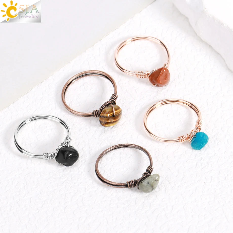 CSJA Hot Reiki Fashion Jewelry Wire Wrapped Crystal Ring Irregular Amethyst Crystal Natural Stone Rings Bulk Wholesale H234