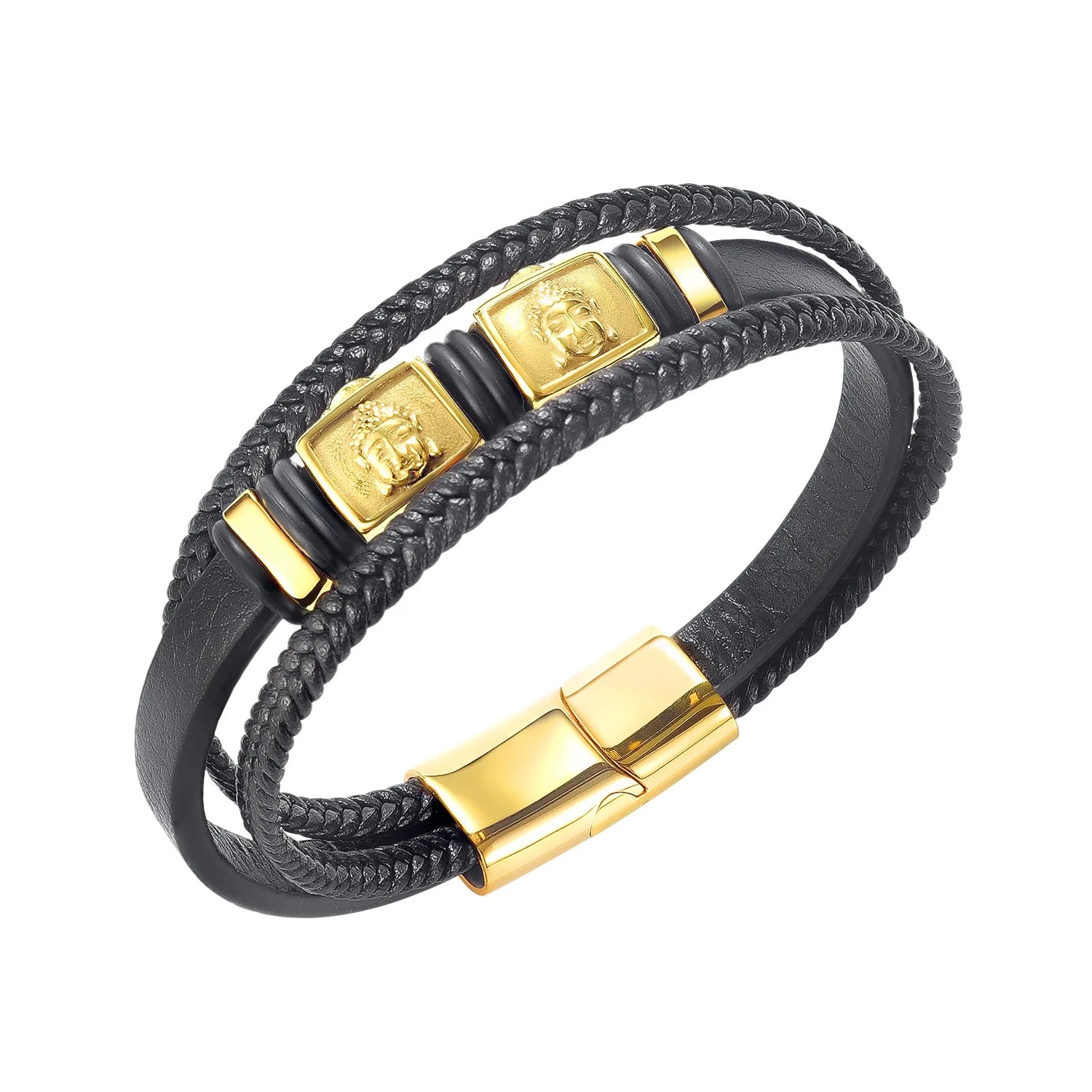 361L Stainless Steel Buddha Head Bead Warp Leather Bracelet Casual Fashion Leather Bangle Jewelry for Men