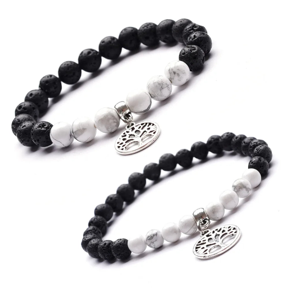 Black Rock Lava Stone Bracelets 6/8MM Natural Gemstone Tree of Life Lucky Charm Stretch Bracelet for Women Men
