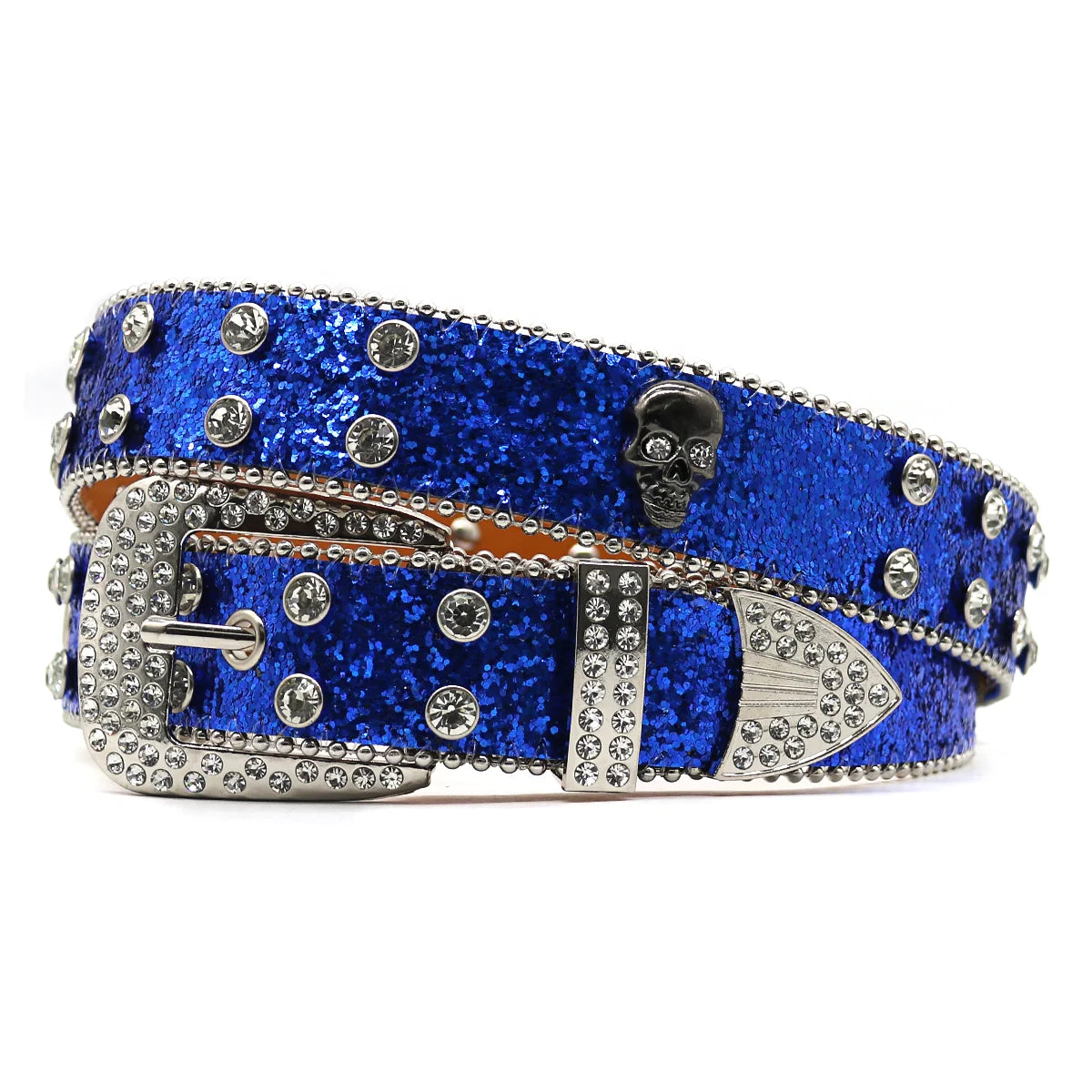 Western Luxury PU Leather Alloy Buckle Sparkling Crystal Rhinestone Punk Fashion Custom Belt with Skeleton Design