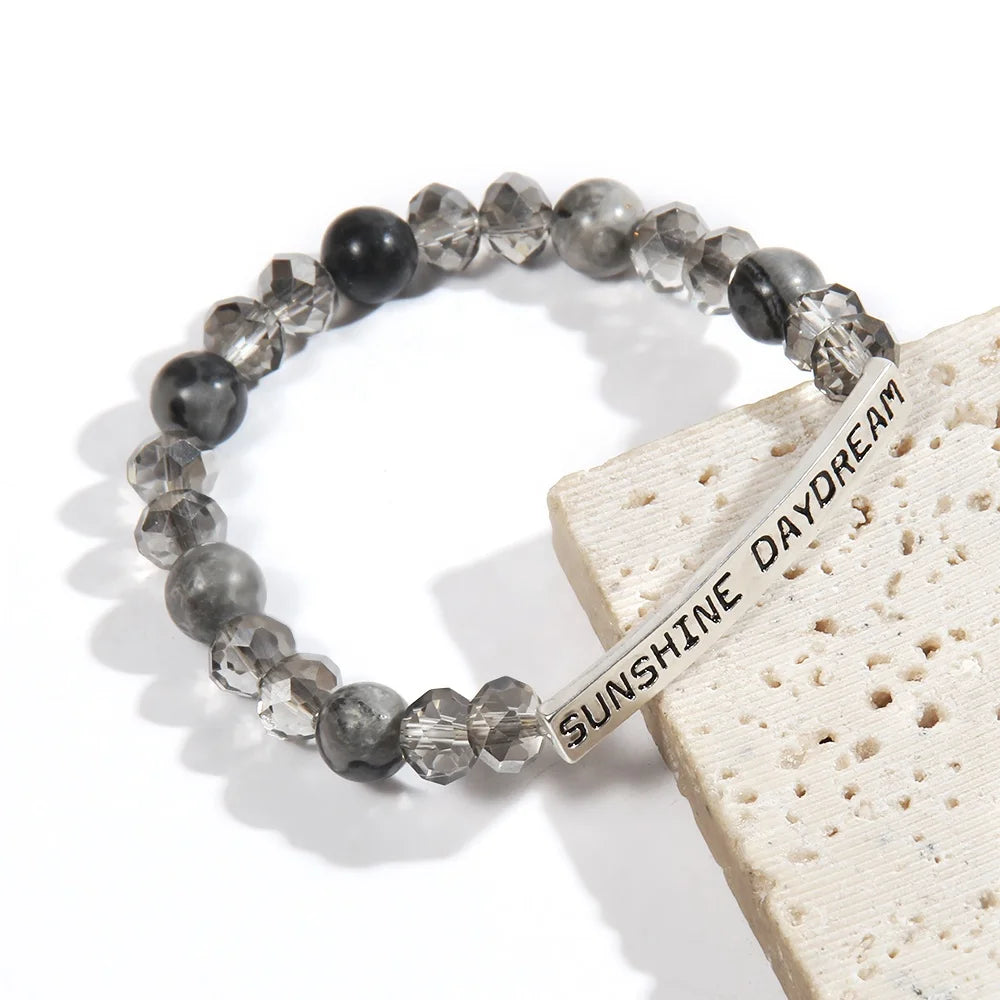 SUNSHINE DAYDREAM New Handmade Beaded 8mm Natural Gemstone Glass Beads Elastic Bracelet Curved Tube Engraved Letter Bracelet