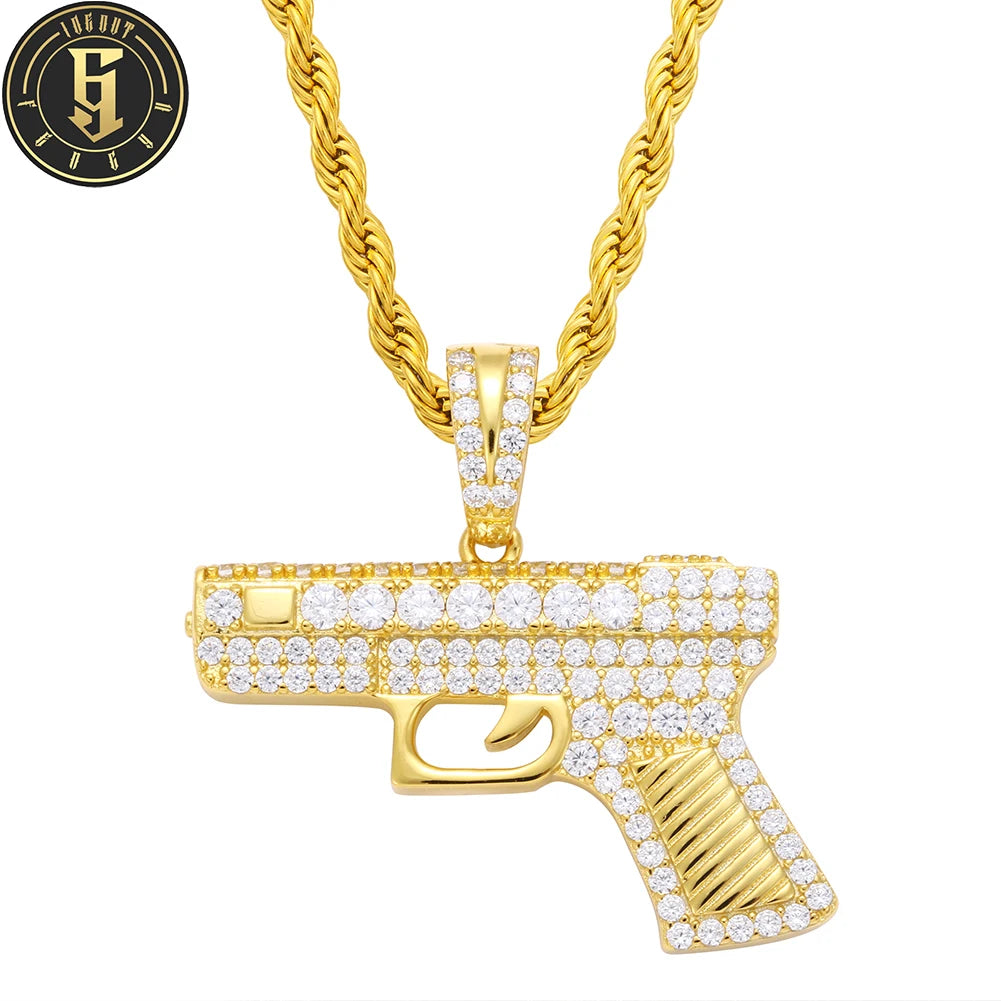 Full CZ Diamond Special Pendant Brass Necklace Punk Personality Hip Hop Gold Plated Gun Pendant Necklace Wholesale