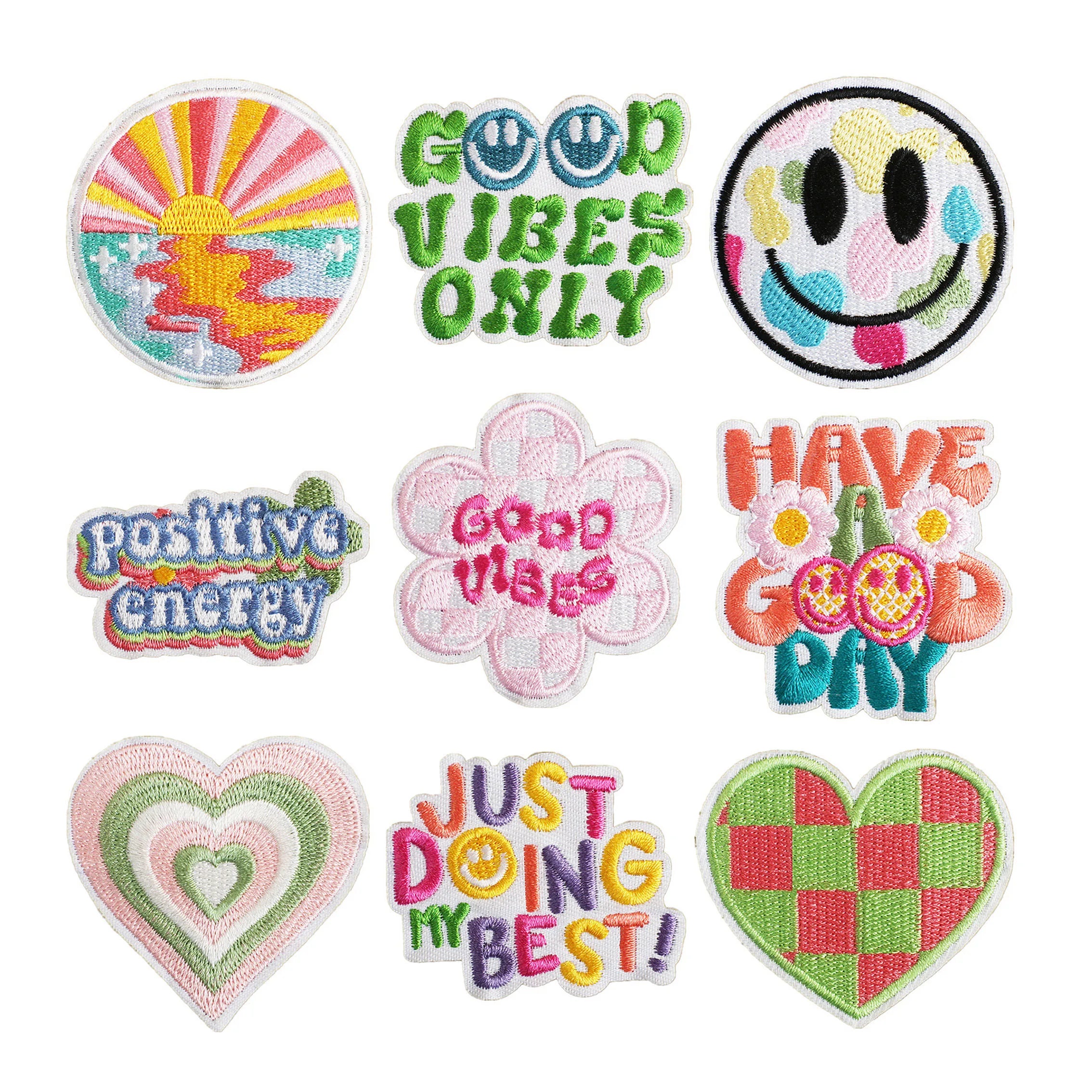 Iron on Embroidery Cartoon Spring Brilliant Color Positive Energy Good Viber Flower Smile Heart Patch for Cloth Bag