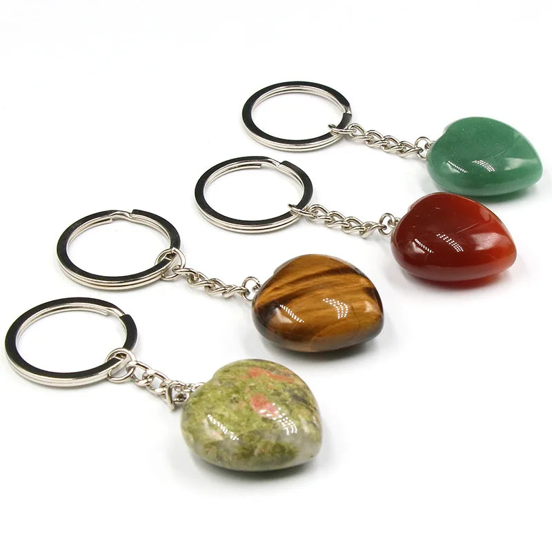 Hot Sell Gem 30mm Heart Keychain Natural Stone Agate Rose Quartz Opal Tiger Eye Keychain